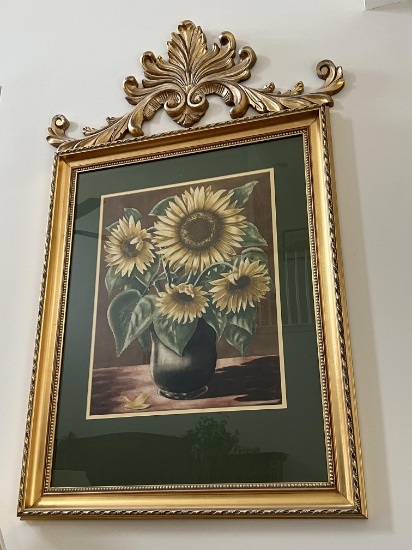 Very Large Framed & Matted Beautiful Sunflower Print with Decorative Top