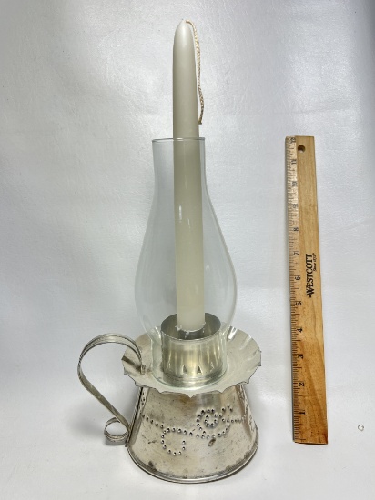 Silver Tone Aluminum Candle Holder with Handle, Candle & Glass Chimney