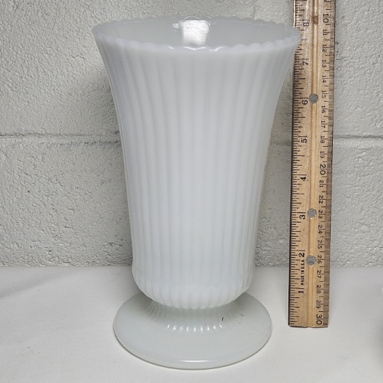 E O Brady Tall Milk Glass Ribbed Vase