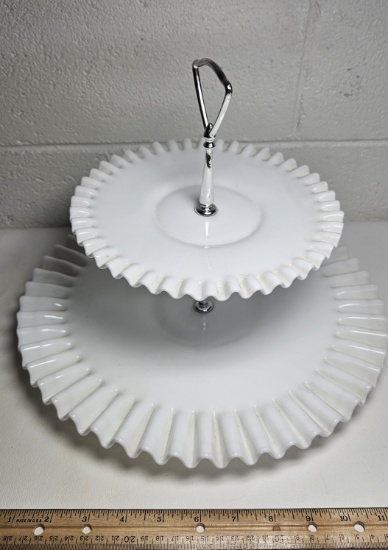 Vintage Fenton Milk Glass 2 Tier Serving Tray with Ruffled Edges and Hobnail Bottom