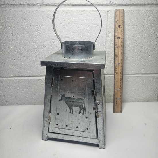 Galvanized Metal Style Lantern with Cow Design