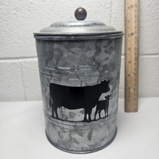 Galvanized Metal Style Canister with Cow Silhouettes