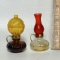 Pair of Vintage Miniature Glass Oil Lamps with Plastic Chimneys