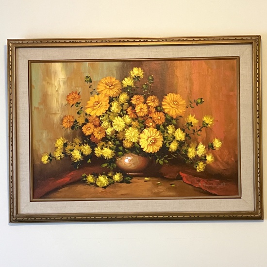 Beautiful Vintage Floral Still Life Oil Painting on Canvas in Gilt Frame by Roy Pasanault