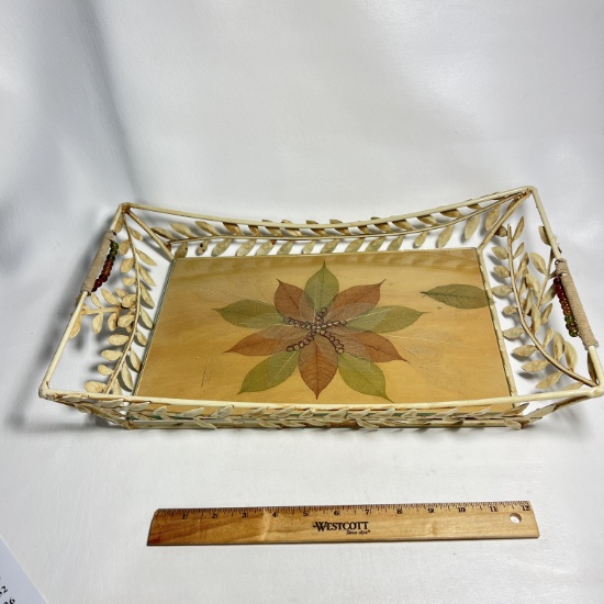 Beige Metal Serving Tray with Vine