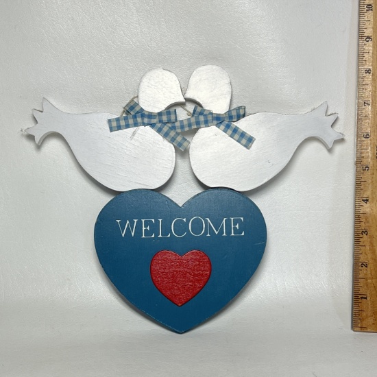 Hand Painted Wooden Love Doves on "Welcome" Heart Wall Decor