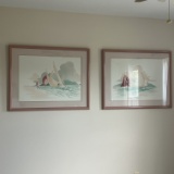 Pair of Large Pastel Sailboat Prints Signed V. Whitney