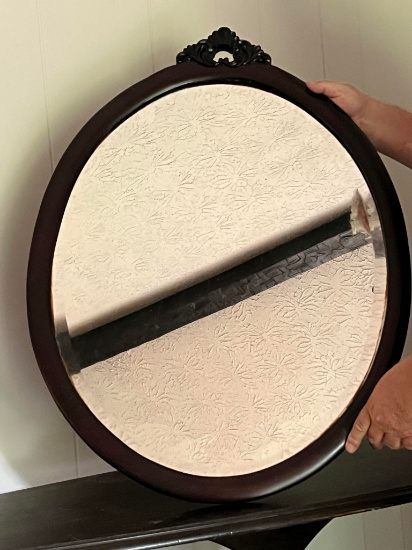 Vintage Beveled Oval Mirror with Carved Wooden Frame