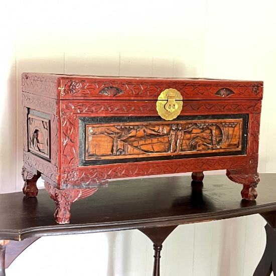 Ornately Carved Wooden Box with Oriental Scene