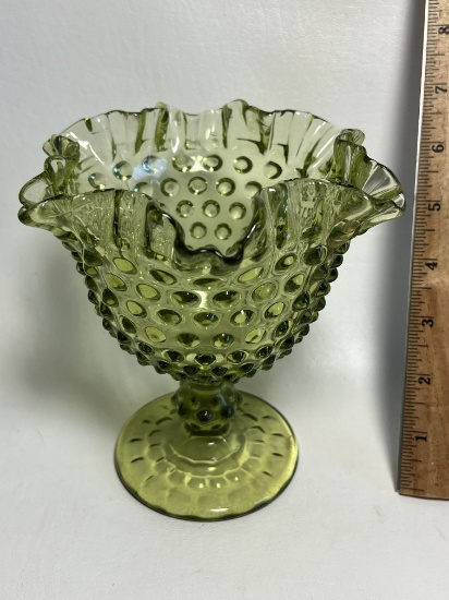 Fenton Avocado Green Hobnail Ruffled Edge Compote