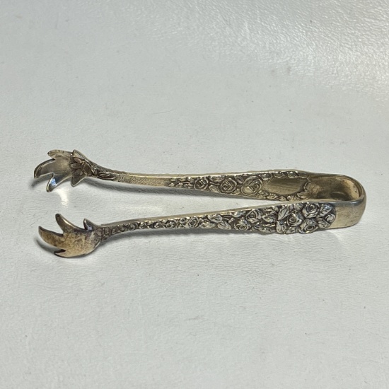 Antique Sterling Silver Sugar Tongs with Balto Rose Pattern