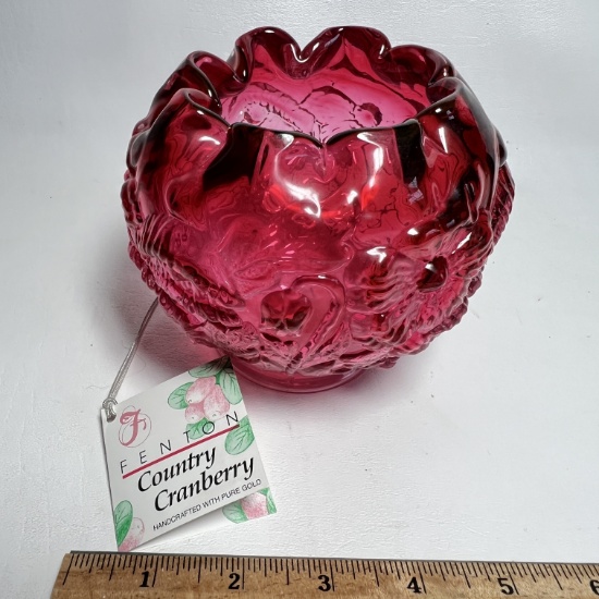 Fenton Country Cranberry Rose Bowl with Embossed Floral Design & Original Tag Signed on Base
