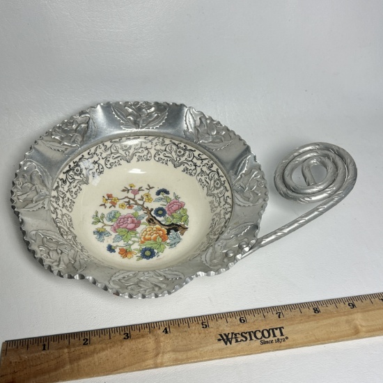 Vintage Farber Shlevin Floral Decorated Porcelain Dish wiith Hammered Aluminum Handle & Rim