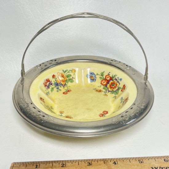 Pretty Golden Maze Floral Bowl w/ Silver Plated Handle & Edge Made for Farberware by Sebring Pottery