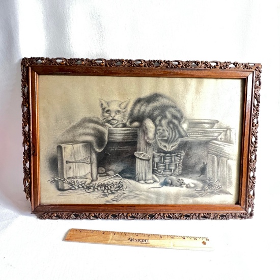 Antique Kittens & Mice Charcoal on Paper in Ornately Decorated Wooden Frame