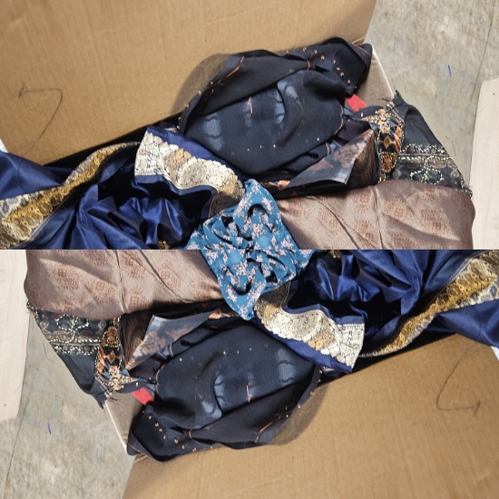 Box Lot of Assorted Costume Clothing and Fabric