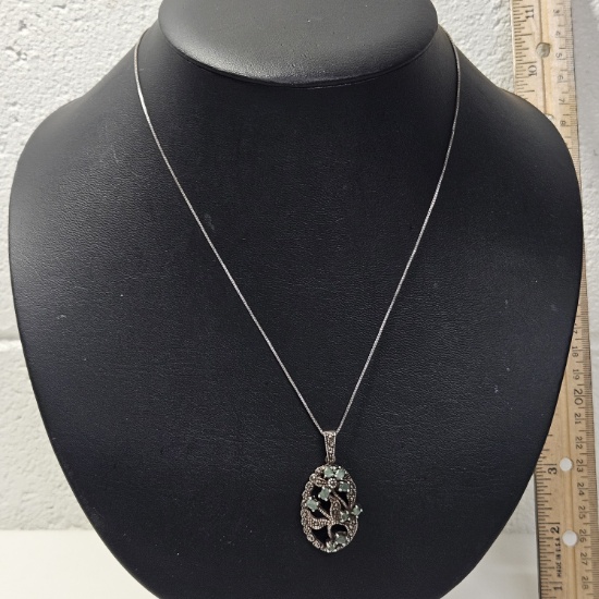Sterling Silver Necklace with Green Stone Pendant
