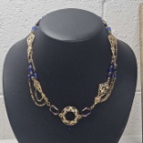 Gold Tone with Blue Beads Renaissance Style Necklace