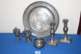 Pewter Tray, candlestands, cream, sugar