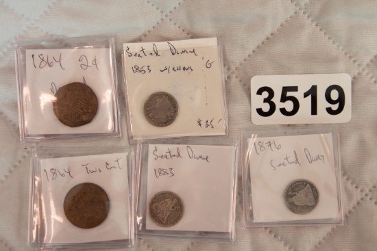 3 Seated Dimes & 2 Two-Cent Pieces