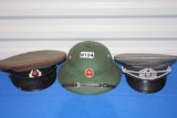 2 German Natzi Officer Hats, 1 North Vietnamese Army Pith Helmet,