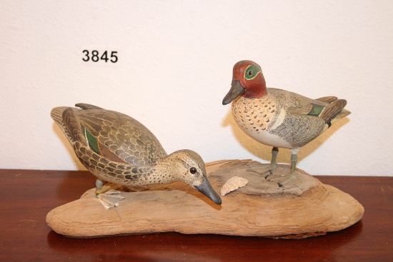 Lloyd Johnson Greenwing Teal Pair, mounted on driftwood