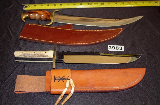 2 - Large Fixed Bade Knives with Leather Belt Sheathes