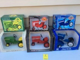 Six toy pedal tractors - JD 4020, JD 4010, IH 806, IH 1026, Ford TW20 w/trailer, Ford 8000