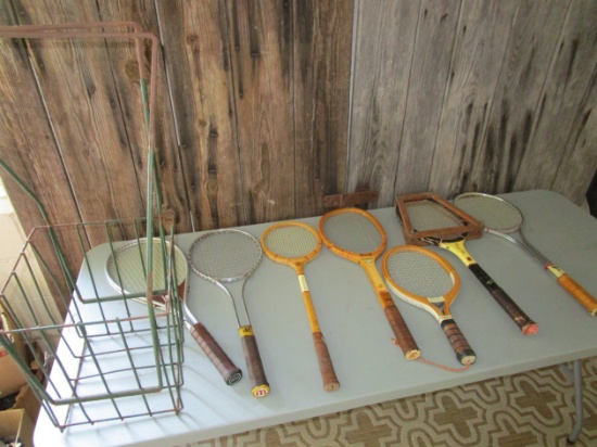 Lot of Vintage Tennis Rackets and Ball Holder