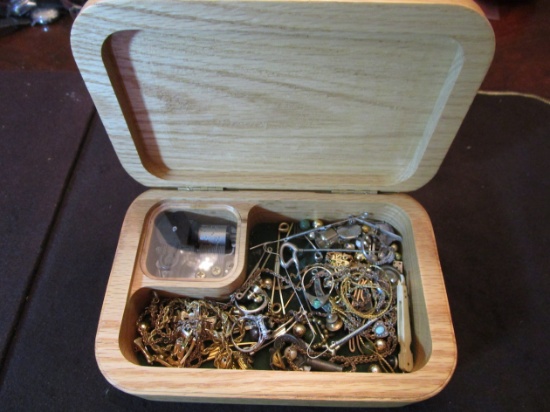 Wood Box of Misc. Jewelry Pieces