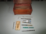 Misc. Lot of Vintage Ink Pens and Pencils and Wooden Box
