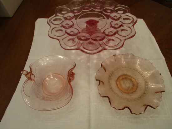 Lot of 3 Pink Glass Serving Pieces