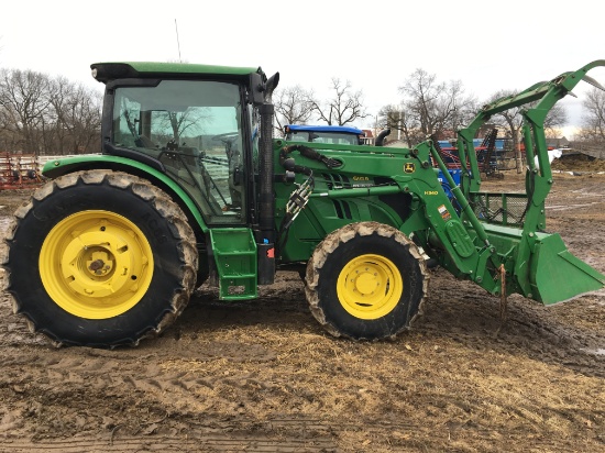 2015 John Deere 6125R MFWD Tractor w/ John Deere H340 Loader, 84” Bucket w/5 Tooth 84” Grapple Fork