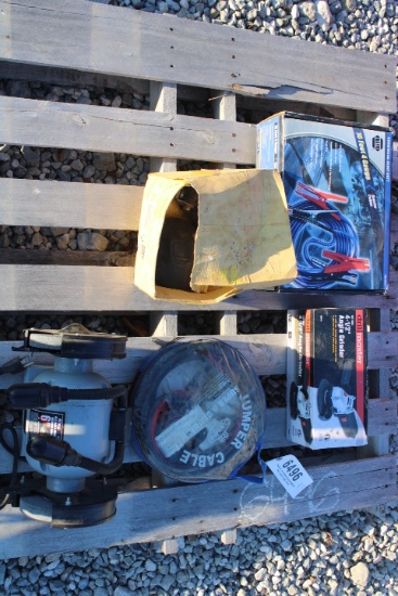 Pallet Of Misc ( Bench Grinder, Bosch Lights, Jumper Cables (2), Angle Grin