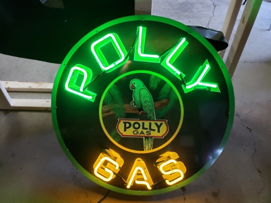 Polly tin neon sign, on full metal canister, 36in diameter