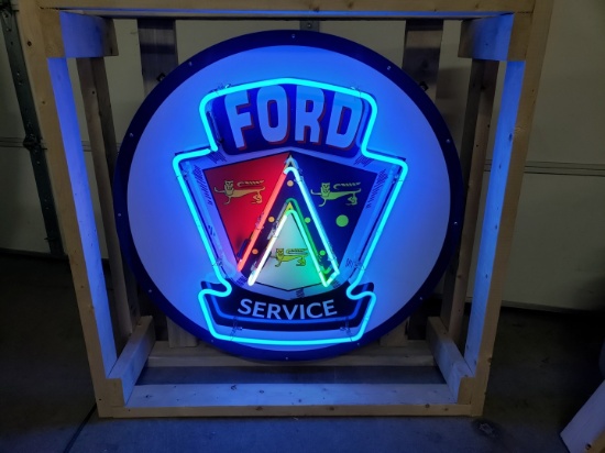 Ford tin neon sign, on full metal canister, 36in diameter
