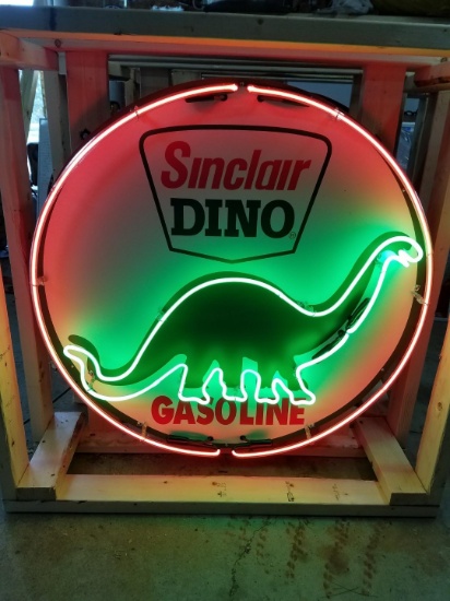 Sinclair Dino tin neon sign, on full metal canister, 36in diameter