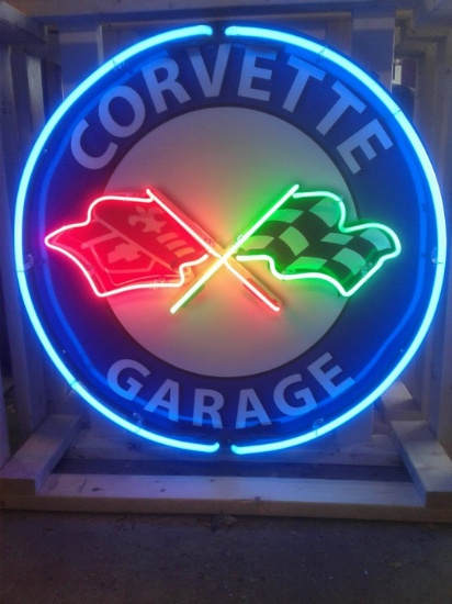  Corvette tin neon sign, on full metal canister, 36in diameter