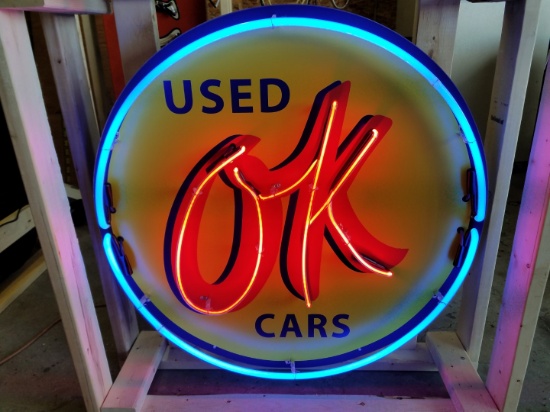“OK” Used Cars tin neon sign, on full metal canister, 36in diameter