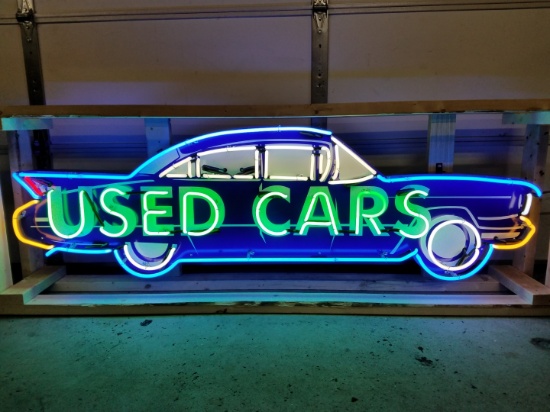 Used Cars tin neon sign, on full metal canister, 24in x 72in, with flasher