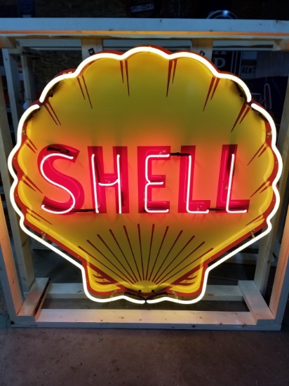 Shell clamshell tin neon sign, on full metal canister, 48in x 48in, with flasher