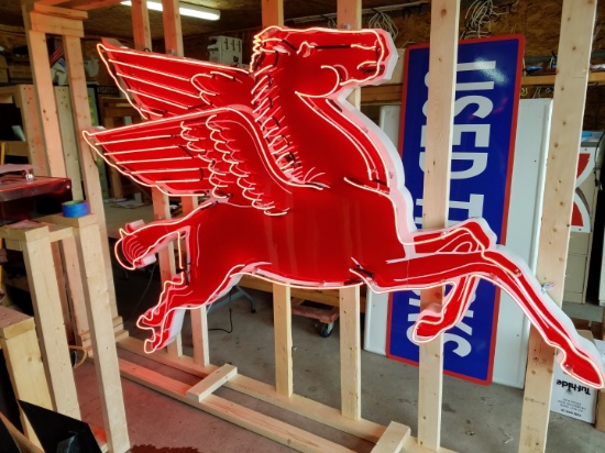 Mobilgas Pegasus tin neon sign, on full metal canister, 6ft x 9ft, with flashing wings