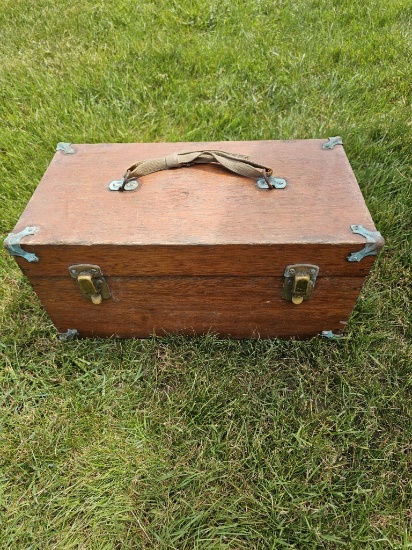 NO RESERVE - Wooden Fishing Tackle Box With Fishing Gear
