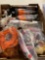 Children?s books and Halloween decorations and a skateboard board