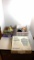Crystal semi flush chandelier, box of art glass, watch, 2 piggy banks, paperweights