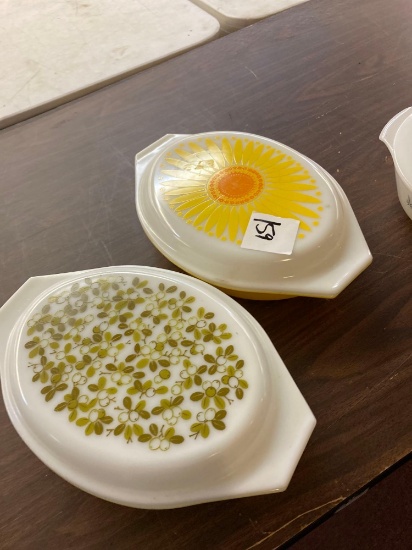 TWO Pyrex covered casseroles fire king covered casserole white glass baking dish all very good