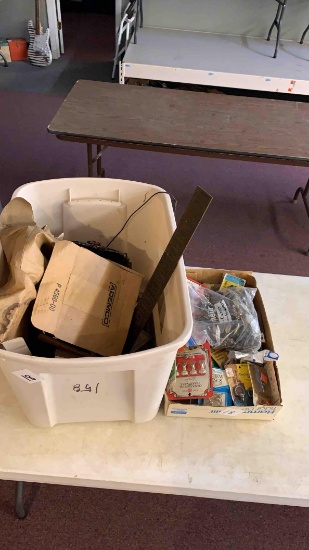 Box of garage tools and box of cabinet and ornamental hardware