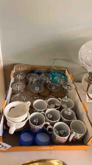 Gold lined cups, candles in cups, cat salt and paper shakers