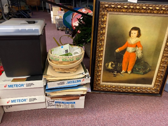 framed art , lightbulbs, files , envelopes