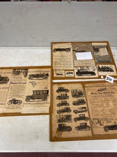 automobile ads early 1900s mounted on Masonite
